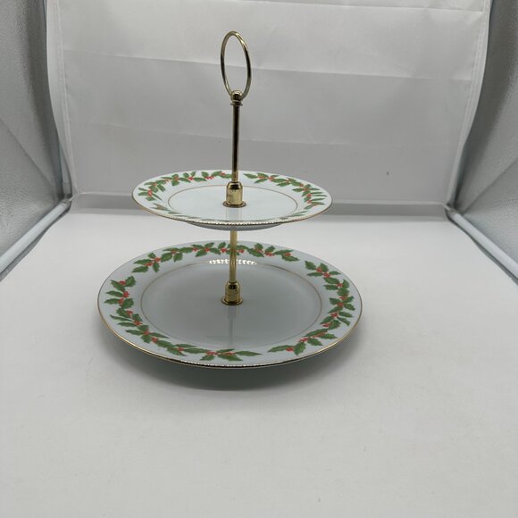 Rare Discontinued Tienshan Holly Pattern Crown Ming Fine China 2 Tiered Serving - Picture 1 of 5